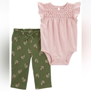 Carter’s Pink Ruffled Baby Onesie and Green Floral Pants Set Size 6M